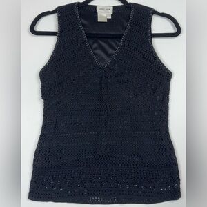Oscar de la Renta 100% Silk Crochet Lined V Neck Sleeveless Sweater Womens Small